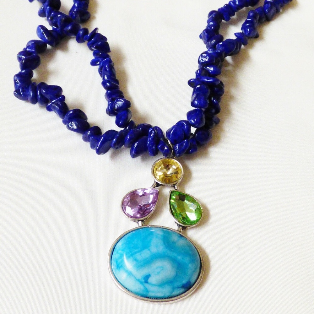 NOVADAB HAND CRAFTED COBALT BLUE NUGGET CRYSTAL PENDANT TWO STRAND NECKLACE 18"L
